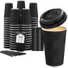 imageLamosi 12 oz Disposable Coffee Cups with Lids 50 Pack Insulated Hot Cups To Go Paper Coffee Cups with Lids and Straws Corrugated Ripple Wall Cup for Hot Drink Office Coffee Bar Black500 PACK Black
