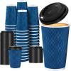 imageLamosi Disposable Coffee Cups with Lids 12 OZ 50 Pack Insulated Paper Coffee Cups with Lids Corrugated Ripple Wall To Go Coffee Cup with Lid for Hot Beverages BlueBlue