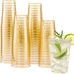 imageLamosi 100 Pack 12 oz Gold Plastic Cups Disposable Gold Glitter Plastic Cups Fancy Clear Plastic Cocktail Cups for Wedding Thanksgiving Christmas PartiesGold12OZ100