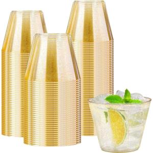 imageLamosi 100 Pack 12 oz Gold Plastic Cups Disposable Gold Glitter Plastic Cups Fancy Clear Plastic Cocktail Cups for Wedding Thanksgiving Christmas PartiesGold9OZ100