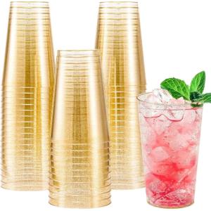 imageLamosi 100 Pack 12 oz Gold Plastic Cups Disposable Gold Glitter Plastic Cups Fancy Clear Plastic Cocktail Cups for Wedding Thanksgiving Christmas PartiesGold14OZ100