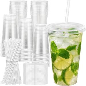 imageLamosi 100 Pack 16 oz Clear Plastic Cups with Lids and Straws Disposable Plastic Coffee Cups with Lids for Iced Coffee Cold Beverages Smoothies and ToGo Drinks24 OZ100Pack