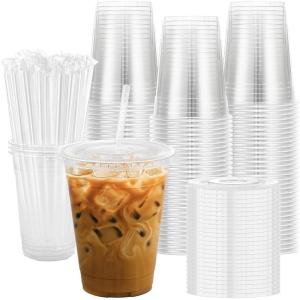 imageLamosi 100 Pack 16 oz Clear Plastic Cups with Lids and Straws Disposable Plastic Coffee Cups with Lids for Iced Coffee Cold Beverages Smoothies and ToGo Drinks12oz200pack with lids