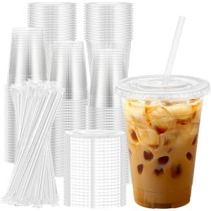 imageLamosi 100 Pack 16 oz Clear Plastic Cups with Lids and Straws Disposable Plastic Coffee Cups with Lids for Iced Coffee Cold Beverages Smoothies and ToGo Drinks16 OZ  100P