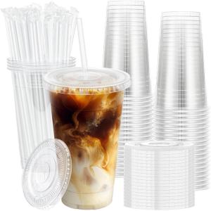 imageLamosi 100 Pack 20 OZ Clear Plastic Cups with Lids and Straws Disposable Iced Coffee Cups with Lids for ToGo Cold Drinks Smoothies and Slushie20oz100Pack