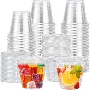 imageLamosi 100 Pack 9 oz Clear Plastic Cups with Lids Disposable Cups with Flat Lids Ideal for Ice Cream Cold Drinks Fruit Dessert Yogurt Parfait9OZ100PackFlat Lids