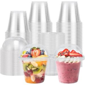 imageLamosi 100 Pack 9 oz Clear Plastic Cups with Lids Disposable Cups with Flat Lids Ideal for Ice Cream Cold Drinks Fruit Dessert Yogurt Parfait9OZ100PackDome Lids