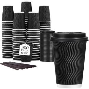 imageLamosi 12 oz Disposable Coffee Cups with Lids 50 Pack Insulated Hot Cups To Go Paper Coffee Cups with Lids and Straws Corrugated Ripple Wall Cup for Hot Drink Office Coffee Bar Black500 PACK Black