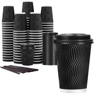 imageLamosi 12 oz Disposable Coffee Cups with Lids 50 Pack Insulated Hot Cups To Go Paper Coffee Cups with Lids and Straws Corrugated Ripple Wall Cup for Hot Drink Office Coffee Bar BlackBlack