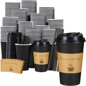 imageLamosi 16 OZ Coffee Cups 500 Pack 16 Ounce To Go Cups with Lids Stir Sticks and Sleeves Disposable Coffee Cup 16 Ounce Black Hot Paper Cup for Home Travel OfficeBlack