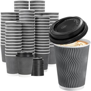 imageLamosi 500 Pack  12 oz Insulated Disposable Coffee Cups with Lids To Go Paper Coffee Cups with Lids Corrugated Ripple Wall Cup for Hot Drink Office Coffee Bar Grey500 PACK Grey