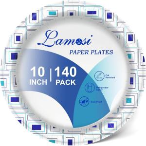 imageLamosi 85 Inch Disposable Paper Plates Paper Plates 200 Count Soak Proof Cut Proof Heavy Duty Disposable Plates for Everyday Use Party Wedding10 Inch 140Count