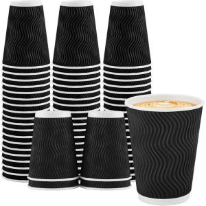 imageLamosi Disposable Coffee Cups 12 OZ 100 Pack Paper Coffee Cups 12 OZ for Hot Drinks or Cold Beverages Insulated Corrugated Ripple Wall Cup No Lids for Office Cafe Home or Travel BlackBlack