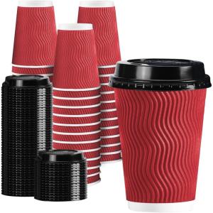 imageLamosi Disposable Coffee Cups with Lids 12 OZ 50 Pack Insulated Paper Coffee Cups with Lids Corrugated Ripple Wall To Go Coffee Cup with Lid for Hot Beverages BlueRed