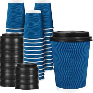 imageLamosi Disposable Coffee Cups with Lids 12 OZ 50 Pack Insulated Paper Coffee Cups with Lids Corrugated Ripple Wall To Go Coffee Cup with Lid for Hot Beverages BlueBlue