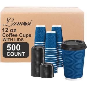 imageLamosi Disposable Coffee Cups with Lids 12 OZ 50 Pack Insulated Paper Coffee Cups with Lids Corrugated Ripple Wall To Go Coffee Cup with Lid for Hot Beverages BlueBlue500Pack