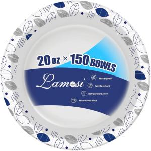 imageLamosi 150 Counts 12 oz Paper Bowls Heavy Duty Soak Proof Paper Bowls Microwave Safe Disposable Bowls Bulk for Breakfast Lunch and Dinner Meals20OZ150 Pack
