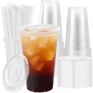 imageLamosi 50 Pack 20 oz Clear Plastic Cups with Lids and Straws Disposable Plastic Coffee Cups with Lids for Iced Coffee Cold Beverages Smoothies and ToGo Drinks20 oz50Pack