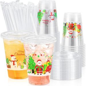 imageLamosi 50 Pack 20 oz Clear Plastic Cups with Lids and Straws Disposable Plastic Coffee Cups with Lids for Iced Coffee Cold Beverages Smoothies and ToGo Drinks16oz50Christmas