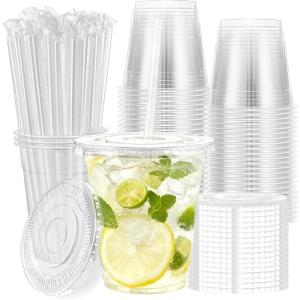 imageLamosi 50 Pack 20 oz Clear Plastic Cups with Lids and Straws Disposable Plastic Coffee Cups with Lids for Iced Coffee Cold Beverages Smoothies and ToGo Drinks12OZ100P