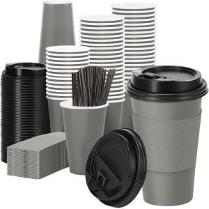 imageLamosi 500 Pack 16 oz Disposable Coffee Cups with Lids and Sleeves White LeakProof To Go Coffee Cups with Lids HotCold Beverage White Drinking Cup for Home Office Parties TravelGrey16OZ100