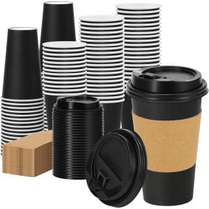 imageLamosi 500 Pack 16 oz Disposable Coffee Cups with Lids and Sleeves White LeakProof To Go Coffee Cups with Lids HotCold Beverage White Drinking Cup for Home Office Parties TravelBlack16OZ100
