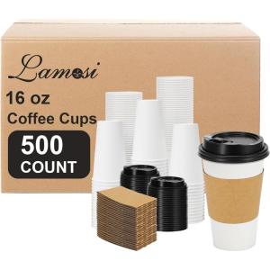 imageLamosi 500 Pack 16 oz Disposable Coffee Cups with Lids and Sleeves White LeakProof To Go Coffee Cups with Lids HotCold Beverage White Drinking Cup for Home Office Parties TravelWhite16OZ500