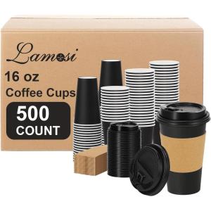 imageLamosi 500 Pack 16 oz Disposable Coffee Cups with Lids and Sleeves White LeakProof To Go Coffee Cups with Lids HotCold Beverage White Drinking Cup for Home Office Parties TravelBlack16OZ500