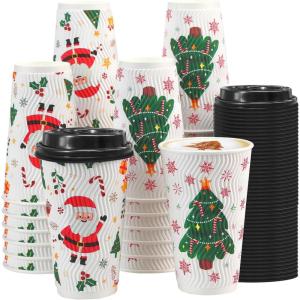 imageLamosi 50 Pack  16 oz Insulated Disposable Coffee Cups with Lids To Go Paper Coffee Cups with Lids Corrugated Ripple Wall Cup for Hot Drink Office Coffee BarXmas
