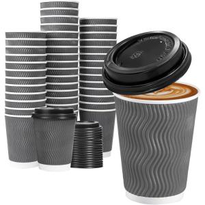 imageLamosi 50 Pack  16 oz Insulated Disposable Coffee Cups with Lids To Go Paper Coffee Cups with Lids Corrugated Ripple Wall Cup for Hot Drink Office Coffee BarGray