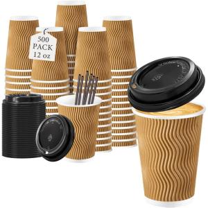 image:imageLamosi 16 oz Disposable Coffee Cups with Lids 50 Pack Insulated Hot Cups To Go Paper Coffee Cups with Lids and Straws Corrugated Ripple Wall Cup for Hot Drink Office Coffee Bar Champagne500PackChampagne