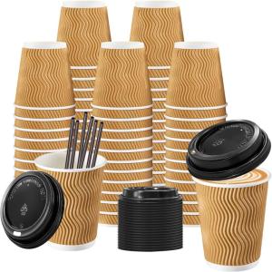 image:imageLamosi 16 oz Disposable Coffee Cups with Lids 50 Pack Insulated Hot Cups To Go Paper Coffee Cups with Lids and Straws Corrugated Ripple Wall Cup for Hot Drink Office Coffee Bar Champagne50PackChampagne