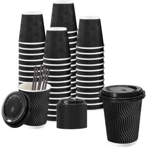 image:imageLamosi 16 oz Disposable Coffee Cups with Lids 50 Pack Insulated Hot Cups To Go Paper Coffee Cups with Lids and Straws Corrugated Ripple Wall Cup for Hot Drink Office Coffee Bar Champagne50PackBlack